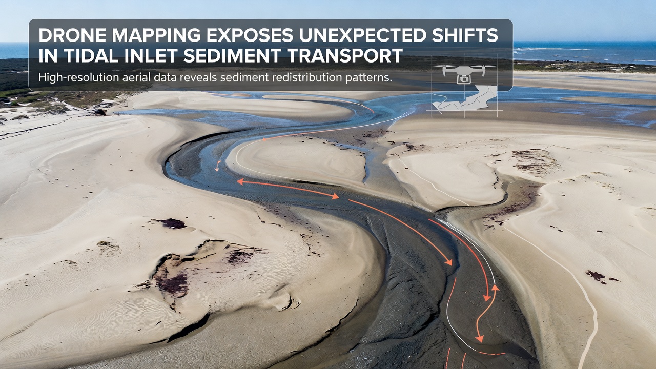 High-resolution orthomosaic showing sediment deposition patterns and channel migration within a tidal inlet captured via drone photogrammetry