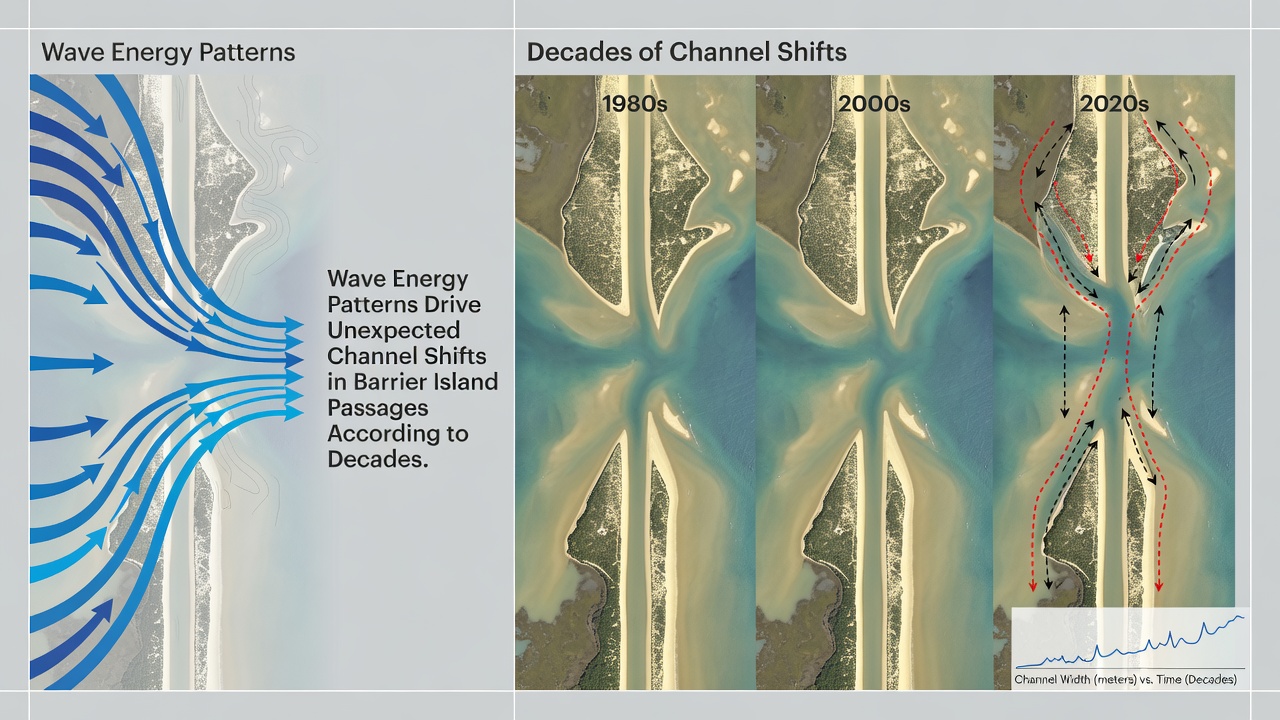 Time-series plots of wave energy and channel position derived from multi-decade sensor deployments